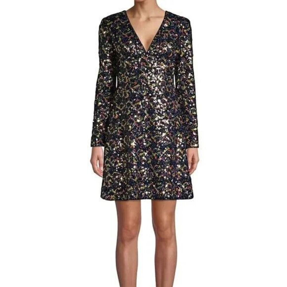Aidan by Aidan‎ Mattox Textured Sequin Cocktail Mini Dress L/S Vneck Party Event